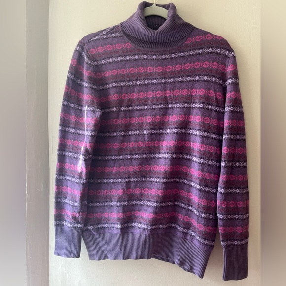 LL Bean Fair Isle Turtleneck Cotton/Cashmere Sweater Purple & Pink size medium - Picture 1 of 5